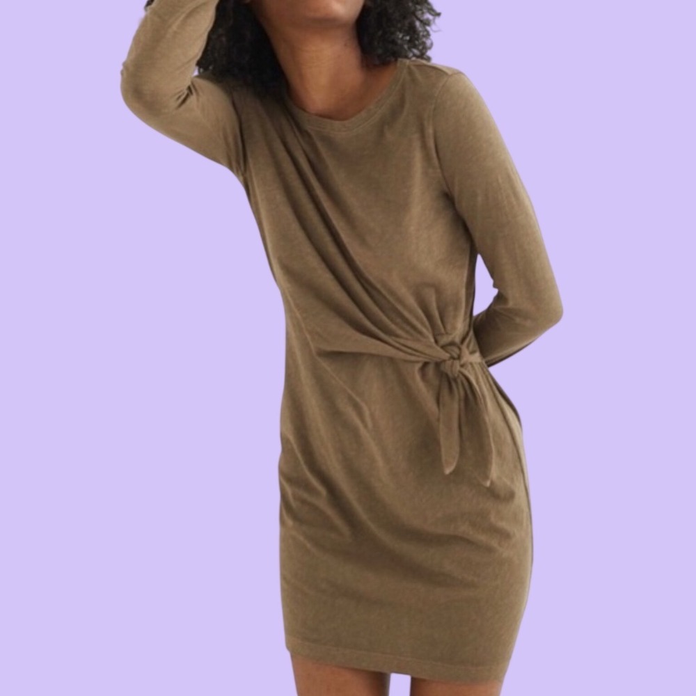 AERIE Olive Green Long Sleeve Lightweight 100% Cotton Tie Waist Mini Dress
